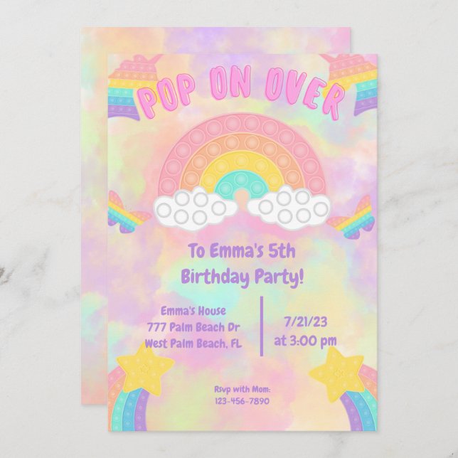 Invitation Pastel Rainbow Pop sur Pop it Girls Anniversaire (Devant / Derrière)