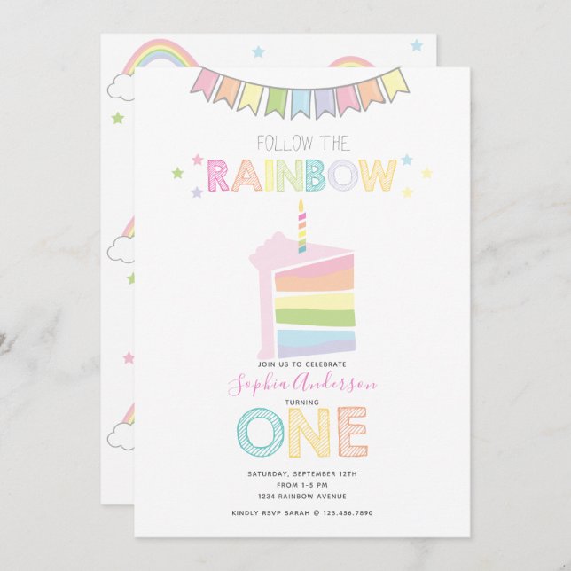 Invitation Pastel Rainbow Première fête d'anniversaire (Devant / Derrière)
