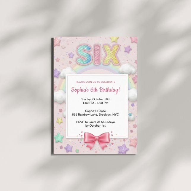 Invitation Pastel Rainbow Sequin Glitter Girl 6th Birthday (Créateur téléchargé)