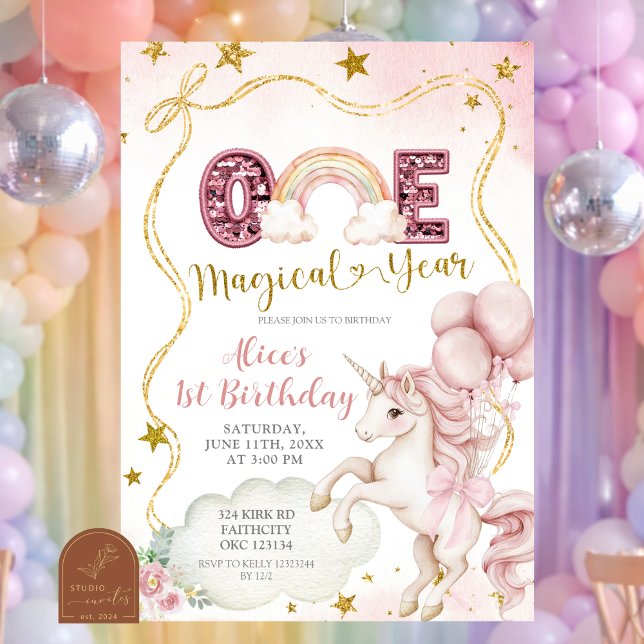 Invitation Pastel Rainbow Sequin Glitter Unicorn One Magical  (Créateur téléchargé)