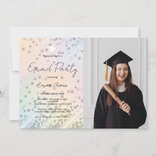 Invitation Pastel Rainbow Simple Script Photo Graduation (Devant)