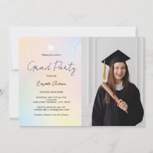 Invitation Pastel Rainbow Simple Script Photo Graduation