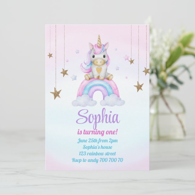 Invitation Pastel Rainbow Unicorn Étincelle 1er Anniversaire (Debout devant)