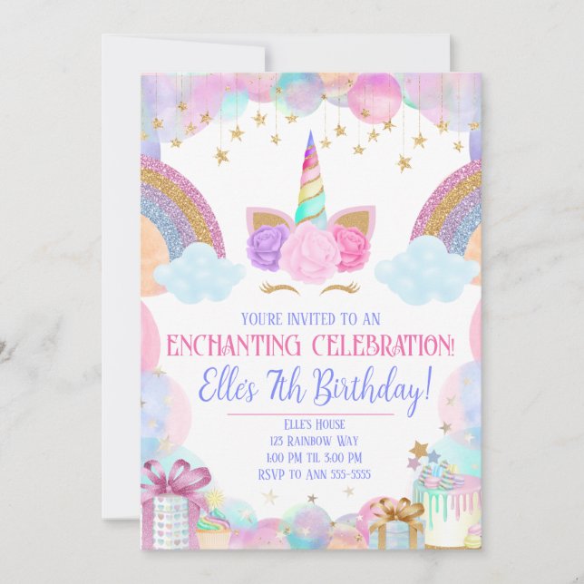 Invitation Pastel Rainbow Unicorn Girls Anniversaire (Devant)