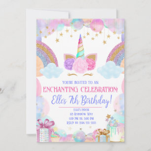 Invitation Pastel Rainbow Unicorn Girls Anniversaire