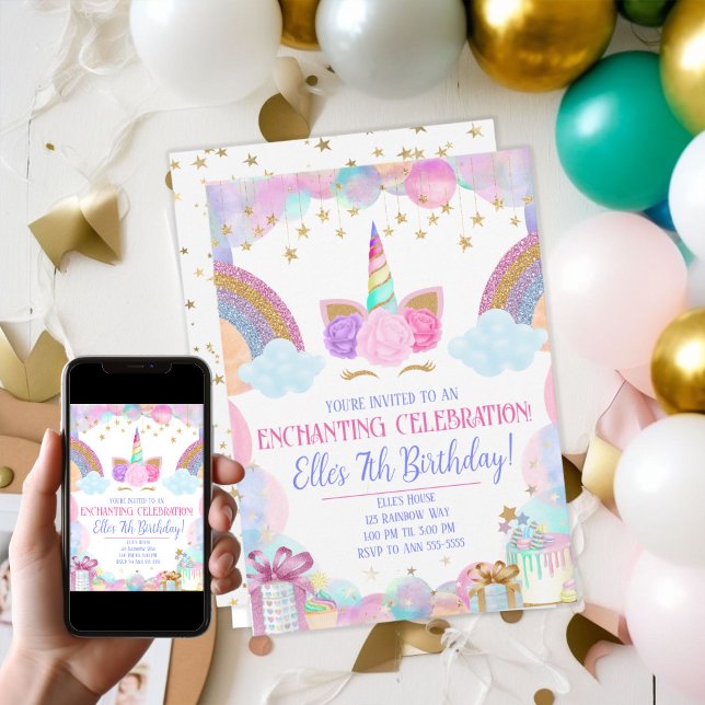 Invitation Pastel Rainbow Unicorn Girls Anniversaire (Pastel Rainbow Unicorn Girls Birthday Invitation)