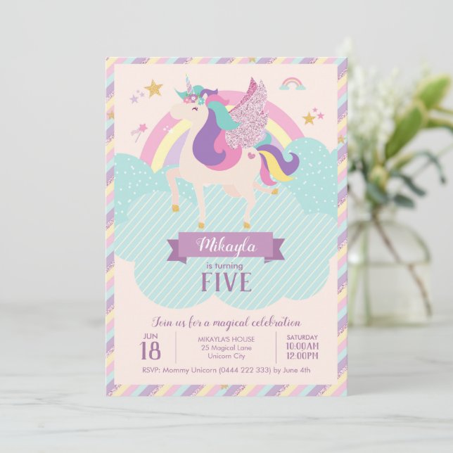Invitation Pastel Rainbow Unicorn Magique Anniversaire mignon (Debout devant)