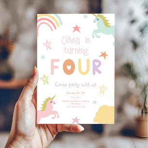 Invitation Pastel Rainbow Unicorn Stars Quatrième anniversair