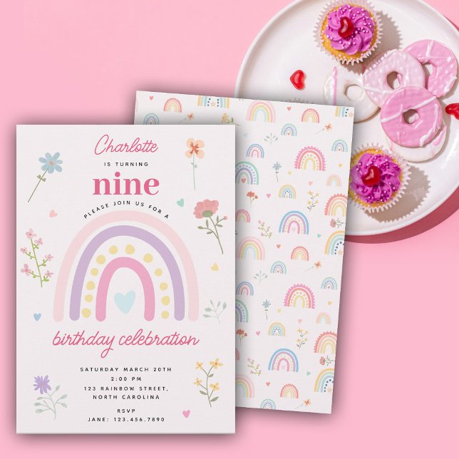 Invitation Pastel Rainbows Fille Coeurs Fleur sauvage Anniver (Pastel Rainbows Girl Wildflowers Hearts Birthday Invitation)
