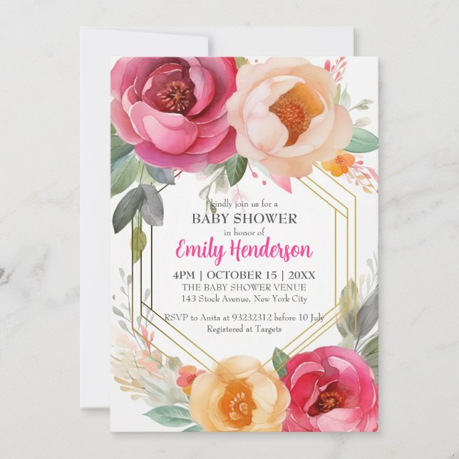 Invitation Pastel Ranunculus Baby shower Floral Gold Frame (Devant)