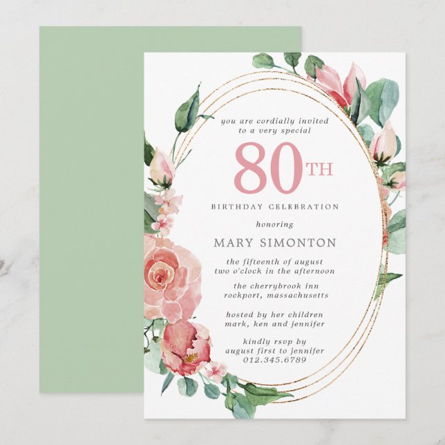 Invitation Pastel Red Rose Floral 80e fête d'anniversaire (Devant / Derrière)
