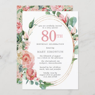 Invitation Pastel Red Rose Floral 80e fête d'anniversaire