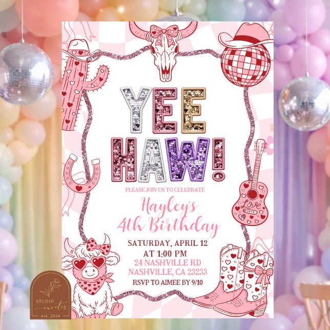 Invitation Pastel Retro Sequins Yeehaw Cowgirl Birthday party (Créateur téléchargé)