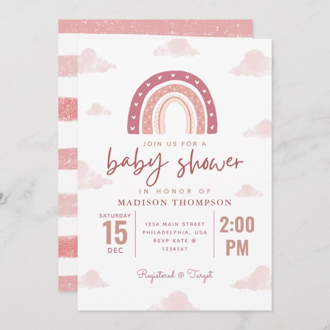Invitation Pastel rose arc-en-ciel nuages filles Baby shower  (Devant / Derrière)