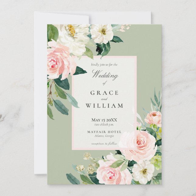 Invitation Pastel rose blanc et vert Mariage floral (Devant)