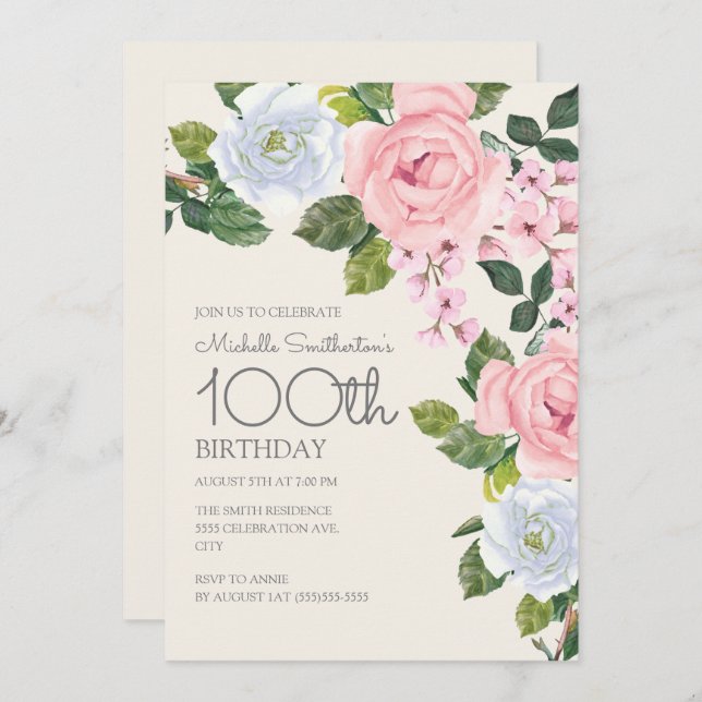 Invitation Pastel Rose Blanc Floral Femme 100e anniversaire (Devant / Derrière)