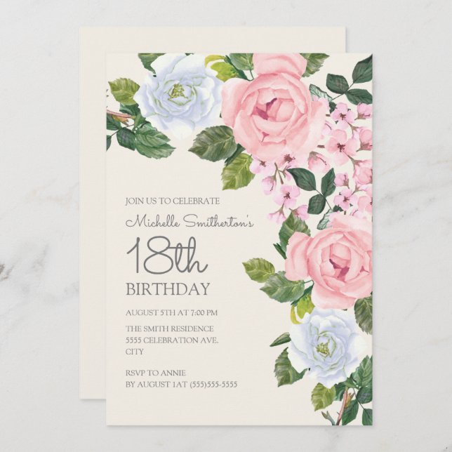 Invitation Pastel Rose Blanc Floral Femme 18ème anniversaire (Devant / Derrière)