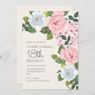 Invitation Pastel Rose Blanc Floral Femme 18ème anniversaire