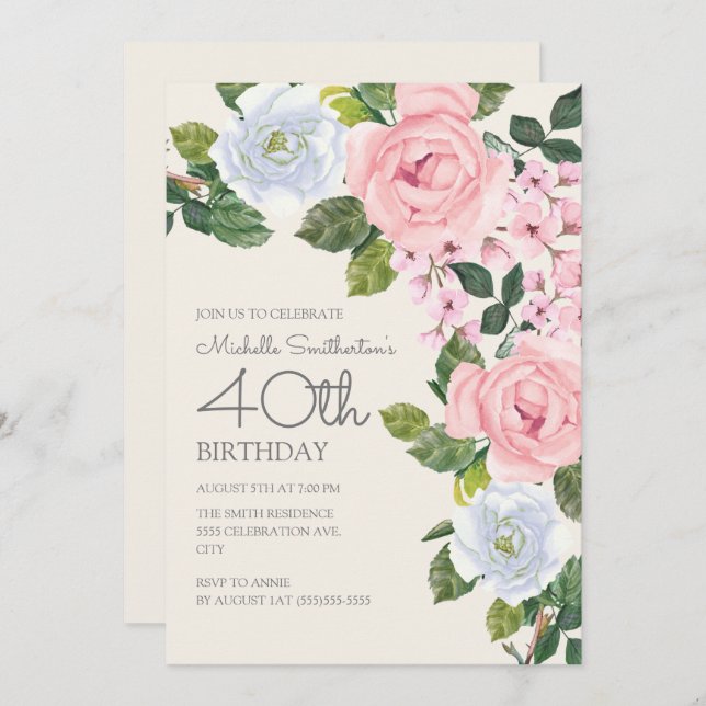 Invitation Pastel rose blanc floral femme 40e anniversaire (Devant / Derrière)