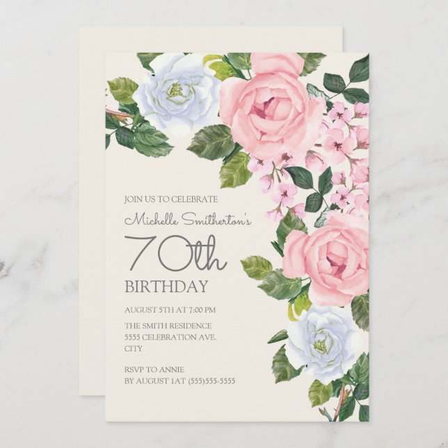 Invitation Pastel Rose Blanc Floral Femme 70e anniversaire (Devant / Derrière)