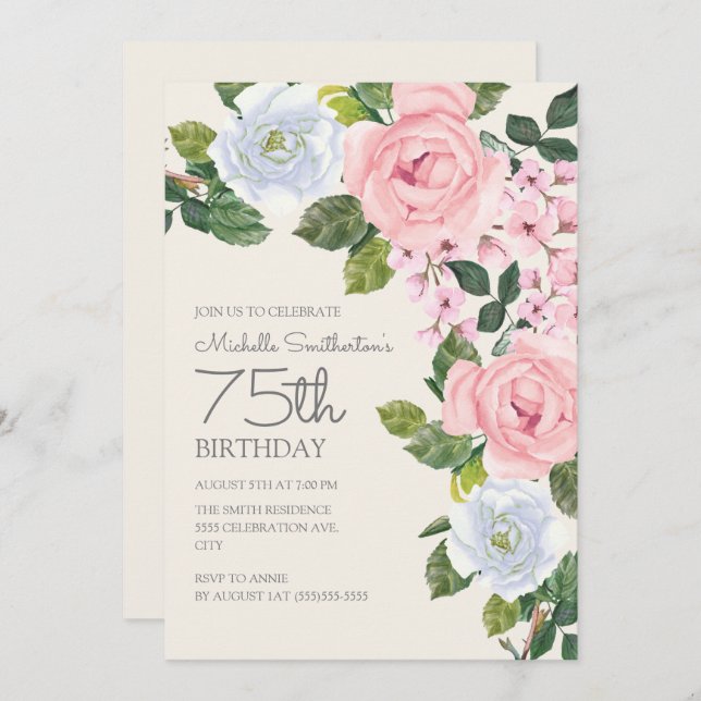 Invitation Pastel Rose Blanc Floral Femme 75e anniversaire (Devant / Derrière)