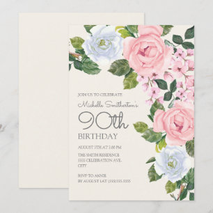 Invitation Pastel Rose Blanc Floral Femme 90e anniversaire