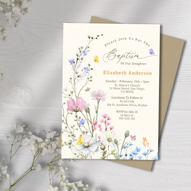 Invitation Pastel Rose & Bleu Fleur sauvage Whimsical Baptême (Pastel Pink & Blue Whimsical Wildflower Baptism Invitation)