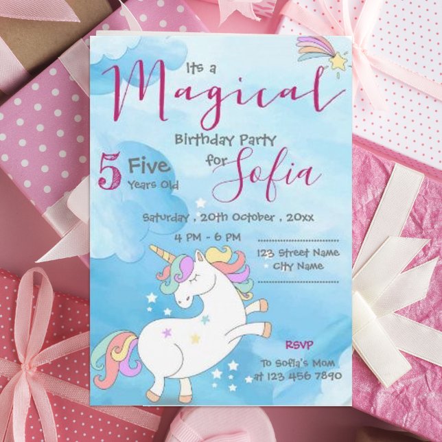 Invitation Pastel rose bleu Magique Unicorn Thématique Annive (Pastel pink blue Magical Unicorn Themed Birthday Invitation)