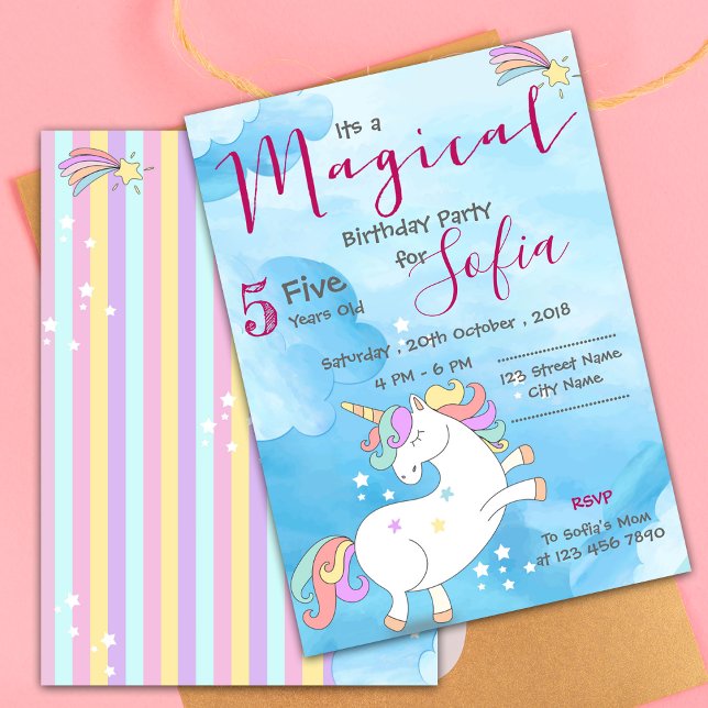 Invitation Pastel rose bleu Magique Unicorn Thématique Annive (Magical Unicorn Themed Birthday Invitation)