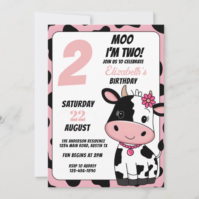 Invitation Pastel Rose et Black Moo Cow Quel âge Anniversaire (Devant)