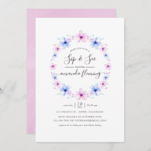 Invitation Pastel rose et bleu floral Sip et voir