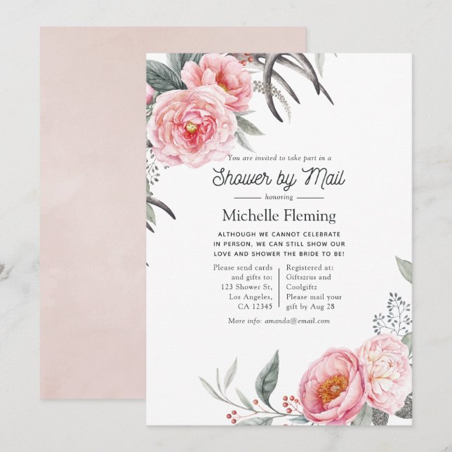 Invitation Pastel Rose et Grey Boho Floral Douche par courrie (Devant / Derrière)