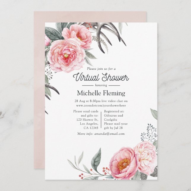 Invitation Pastel rose et gris Boho Floral Douche virtuelle (Devant / Derrière)