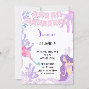 Invitation pastel rose et violet pastel sirène anniversaire