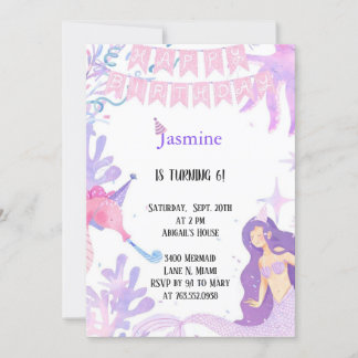 Invitation pastel rose et violet pastel sirène anniversaire