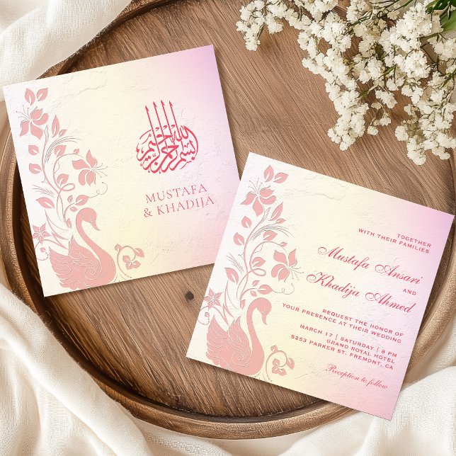 Invitation Pastel rose floral cygne islamique musulman Mariag (Créateur téléchargé)
