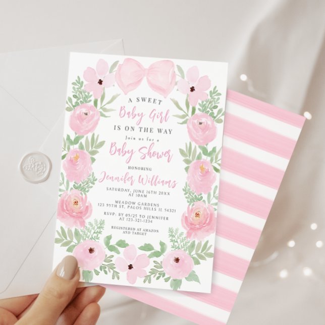 Invitation Pastel rose floral mignon arc boho bébé fille douc (Créateur téléchargé)