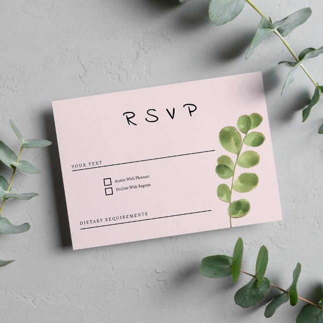 Invitation Pastel rose menthe or feuille d'eucalyptus feuille (Pastel pink mint gold eucalyptus leaf RSVP)