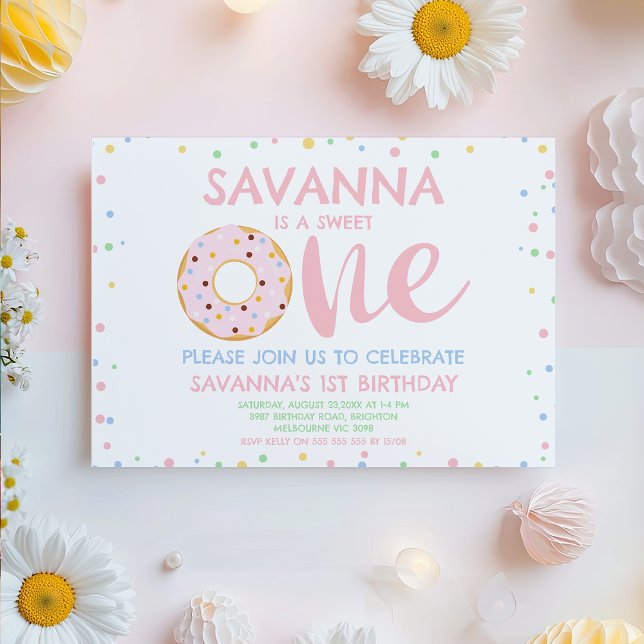 Invitation Pastel rose moderne Donut doux 1er anniversaire (Sweet One 1st Birthday Invitation For Baby Girl, Donut 1st Birthday Invitation Template,
Modern 
)
