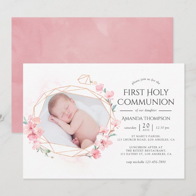 Invitation Pastel rose poudré géométrique floral communion so (Devant / Derrière)