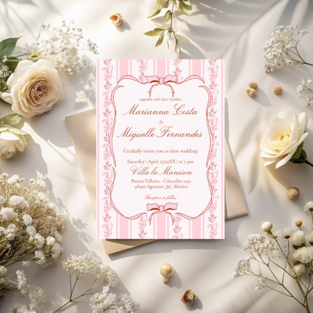 Invitation Pastel rose vintage rayures florales mariage (Pastel pink vintage retro floral stripes wedding invitation cards with qr RSVP template digital)