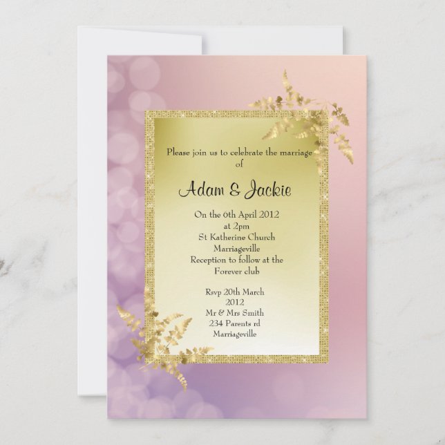Invitation Pastel rose violet feuille d'or ÉLÉGANT MARIAGE (Devant)