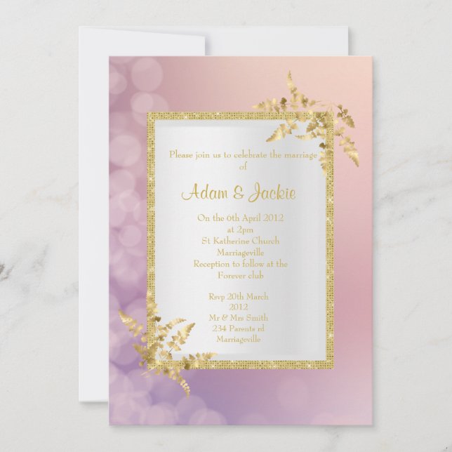 Invitation Pastel rose violet feuille d'or ÉLÉGANT MARIAGE (Devant)
