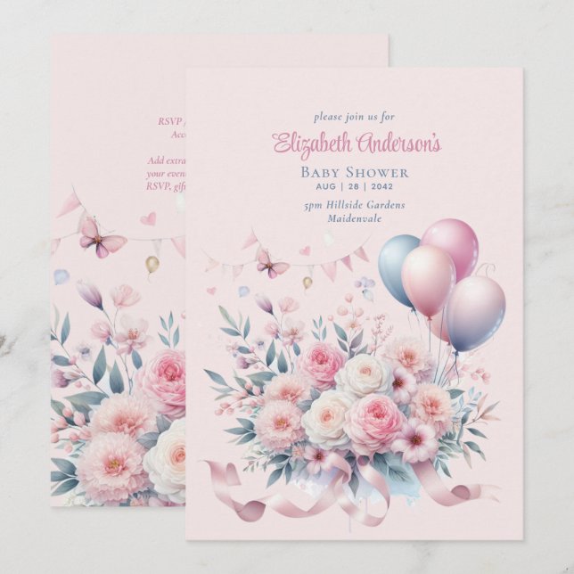 Invitation Pastel Roses Roses Ribbons Baby shower Élégant Sof (Devant / Derrière)