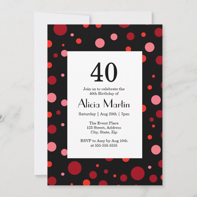 Invitation Pastel Ruby Cranberry Polka Dot Noir 40 Anniversai (Devant)
