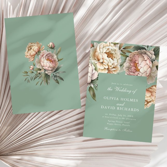 Invitation Pastel Sage Green et Blush Pony Mariage (Pastel Sage Green and Blush Pink Peony Wedding Invitation on a sunny neutral dry palm leaf.)