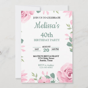 Invitation Pastel Sage Vert avec rose roses fête d'anniversai