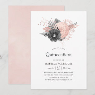 Invitation Pastel Saumon et Floral Charbon de Bois Quinceañer