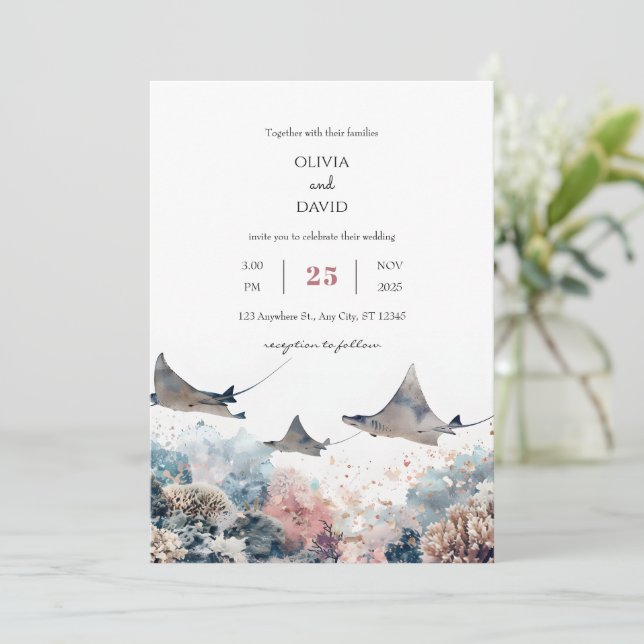 Invitation Pastel Sea Marine Life Coral Reef Beach Mariage (Debout devant)