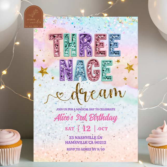 Invitation Pastel Sequin Glitter Threenage Dream Birthday (Créateur téléchargé)